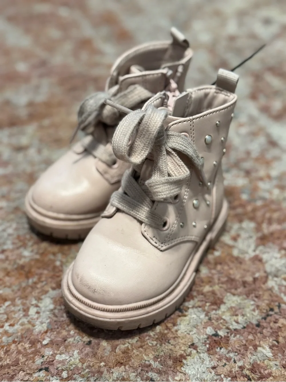 Girls' Pink Pearl-Stud Lace-Up Boots- Size 6
